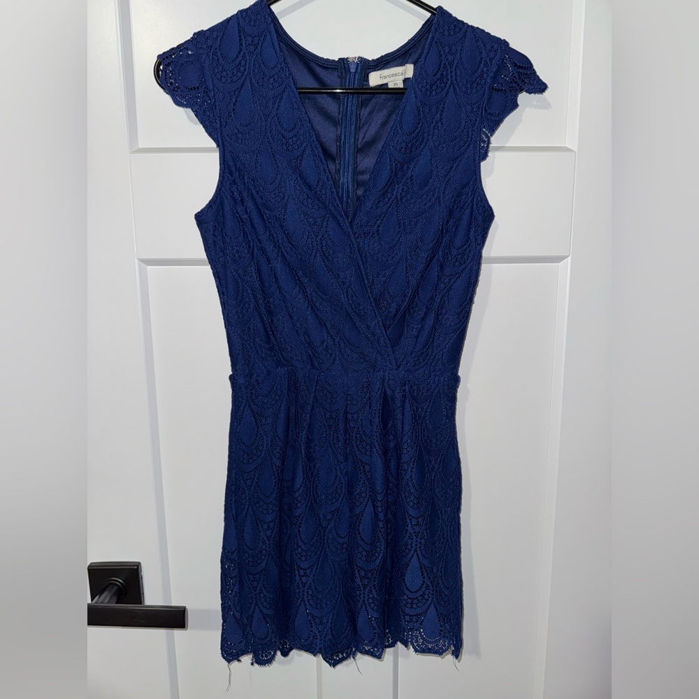 Francesca's Collections Navy Blue Lace V-Neck Romper